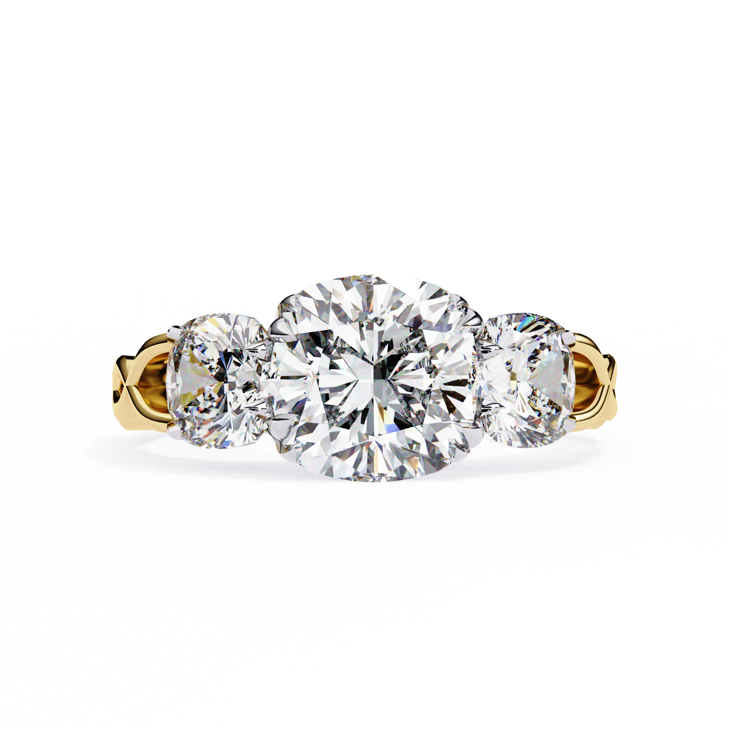 Cushion Tri-stone Engagement Ring Yellow