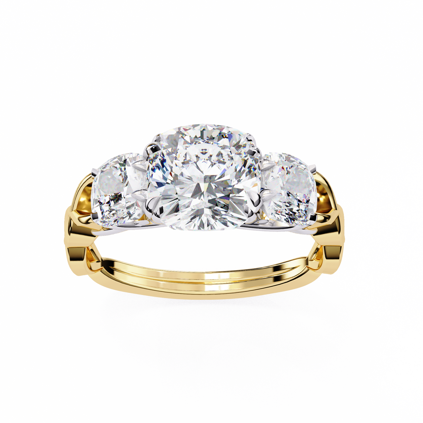 Cushion Tri-stone Engagement Ring Yellow