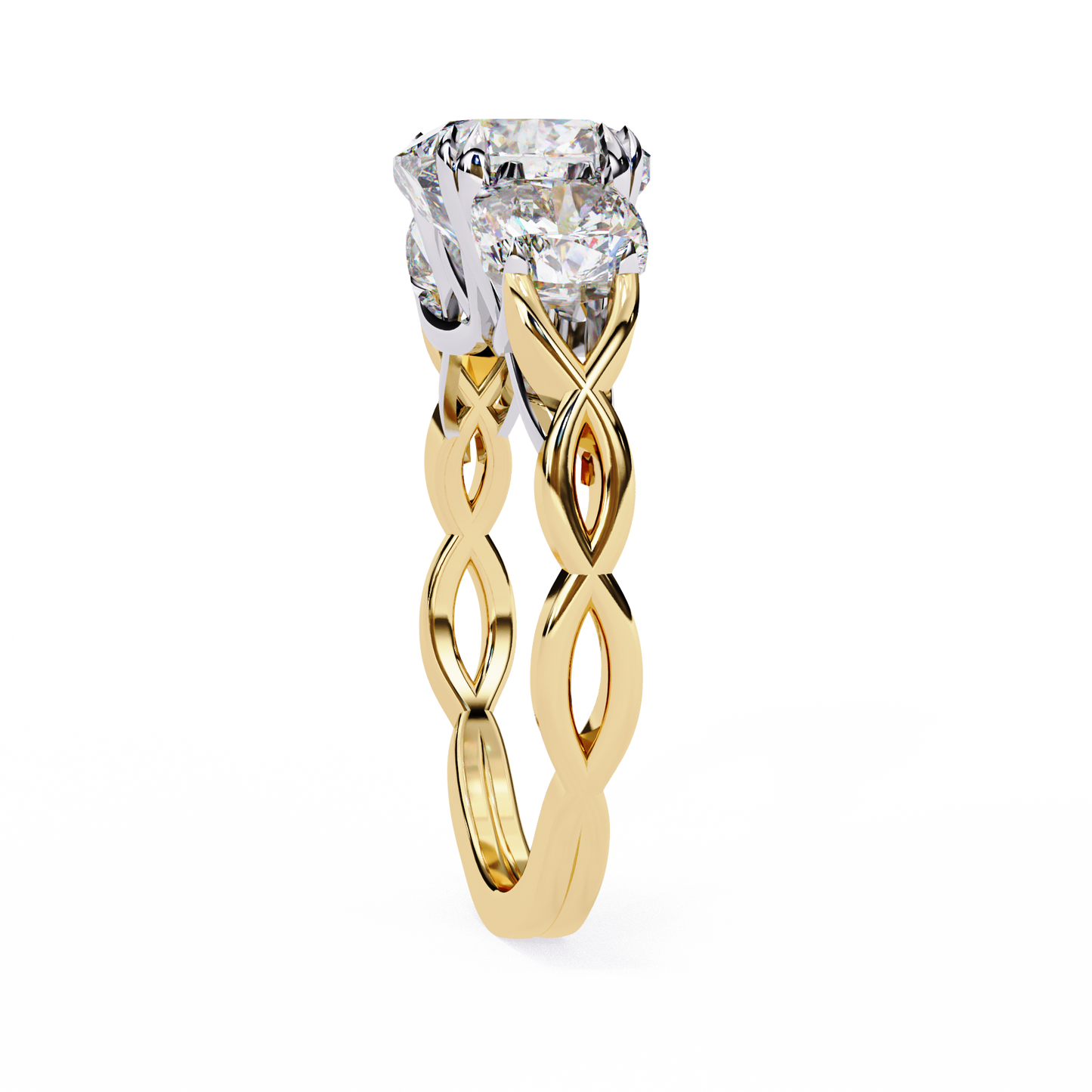 Cushion Tri-stone Engagement Ring Yellow