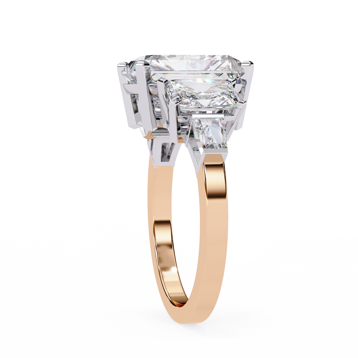 Radiant Baguette Engagement Tri-stone Ring Rose