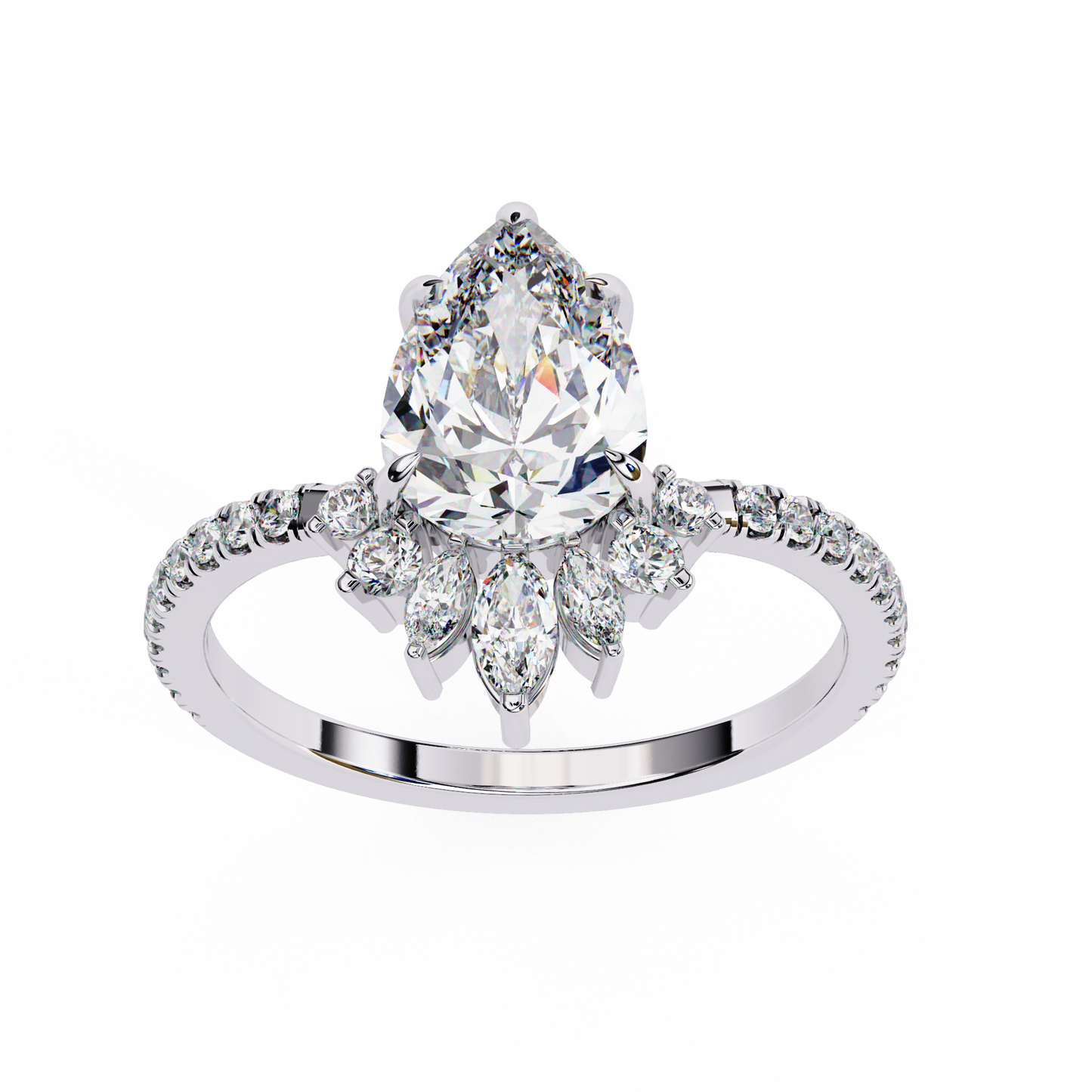 Pear Solitaire Halo Ring White