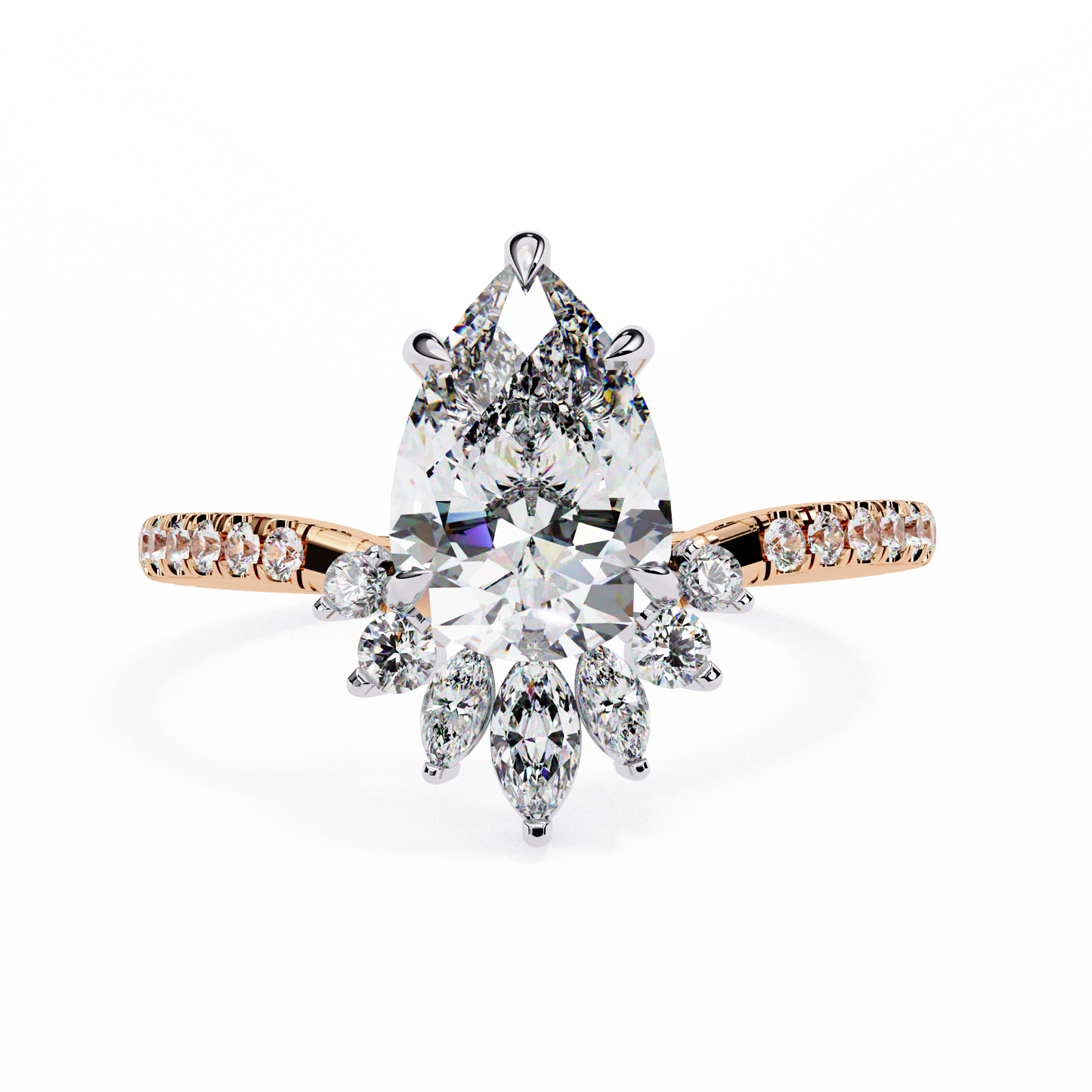 Pear Solitaire Halo Ring Rose