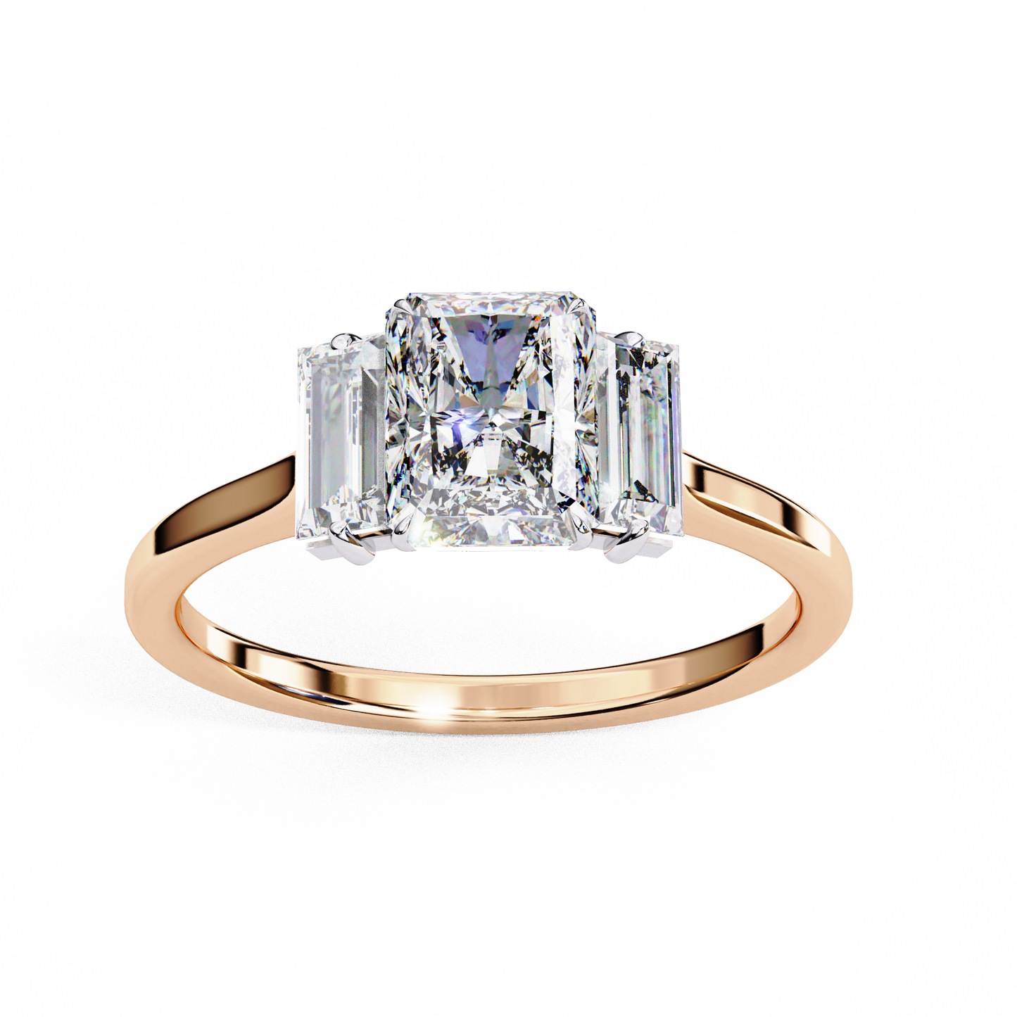 Radiant Baguette Tri-stone Engagement Ring Rose