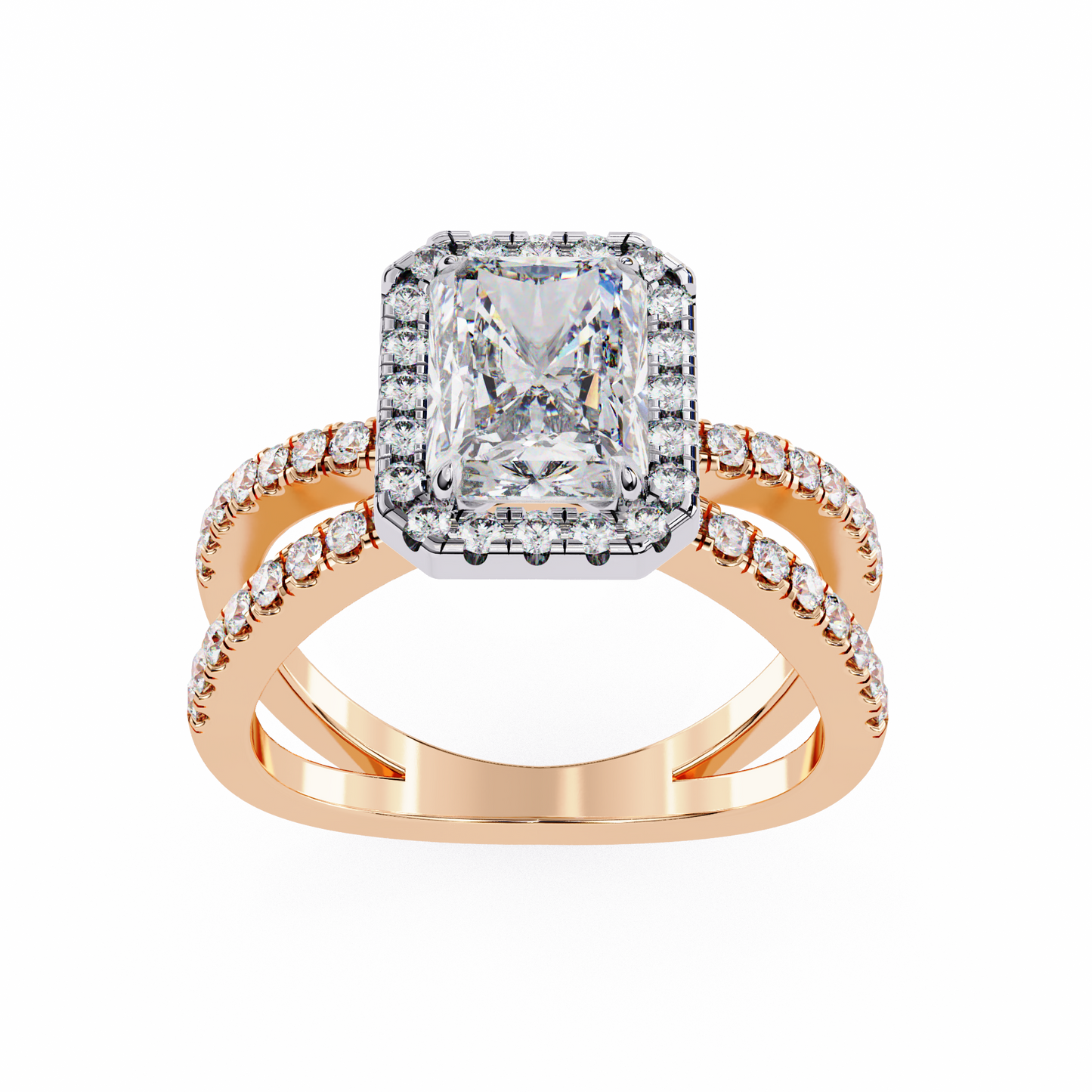 Radiant Criss Cross Halo Engagement Ring Rose